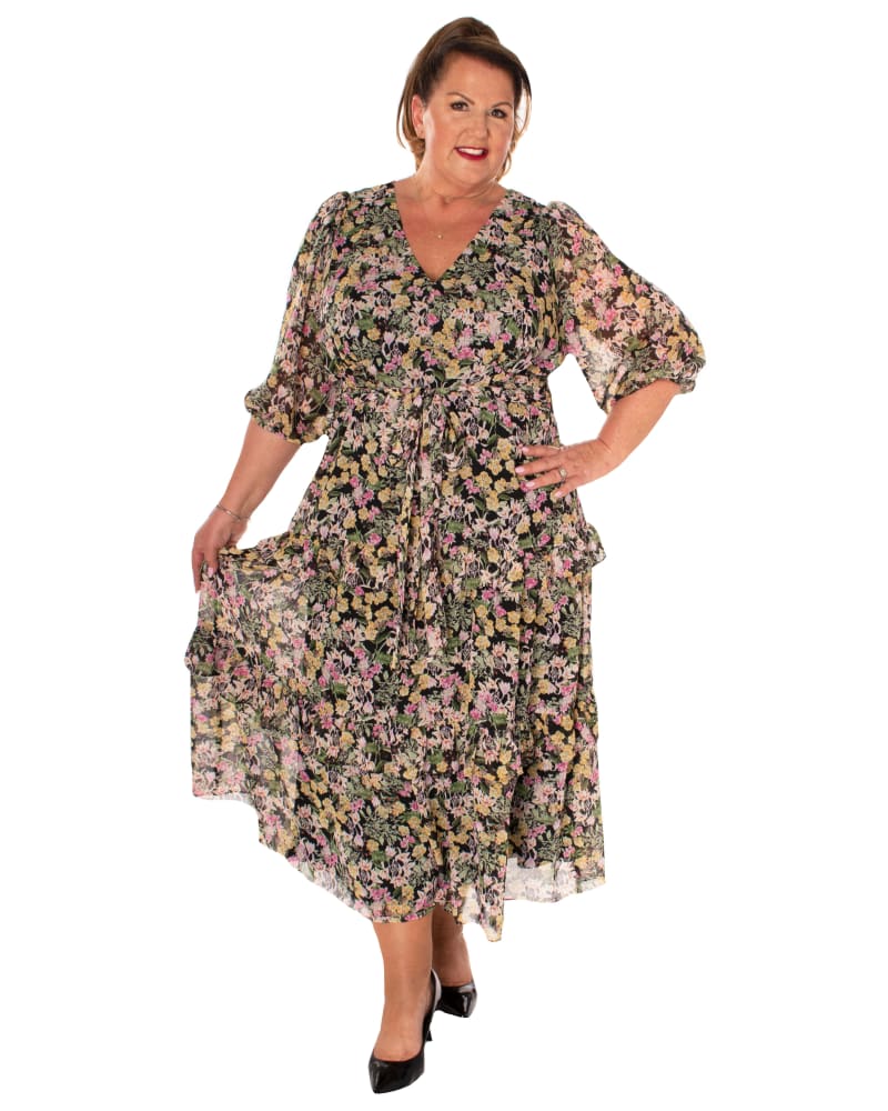 Plus size model wearing Caylee Ruffle Midi Dress by Taylor | Dia&Co | dia_product_style_image_id:182138